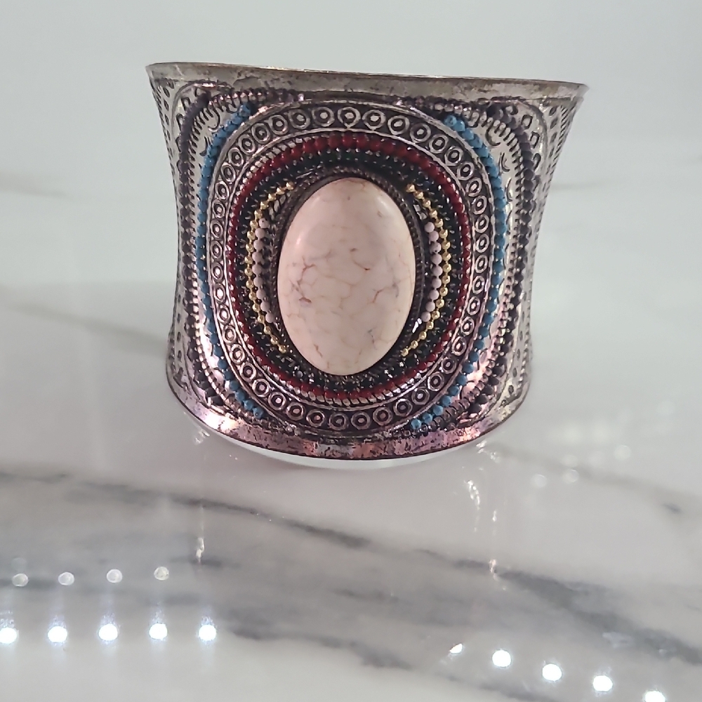 Bohemian Silver and Red Cuff Bracelet